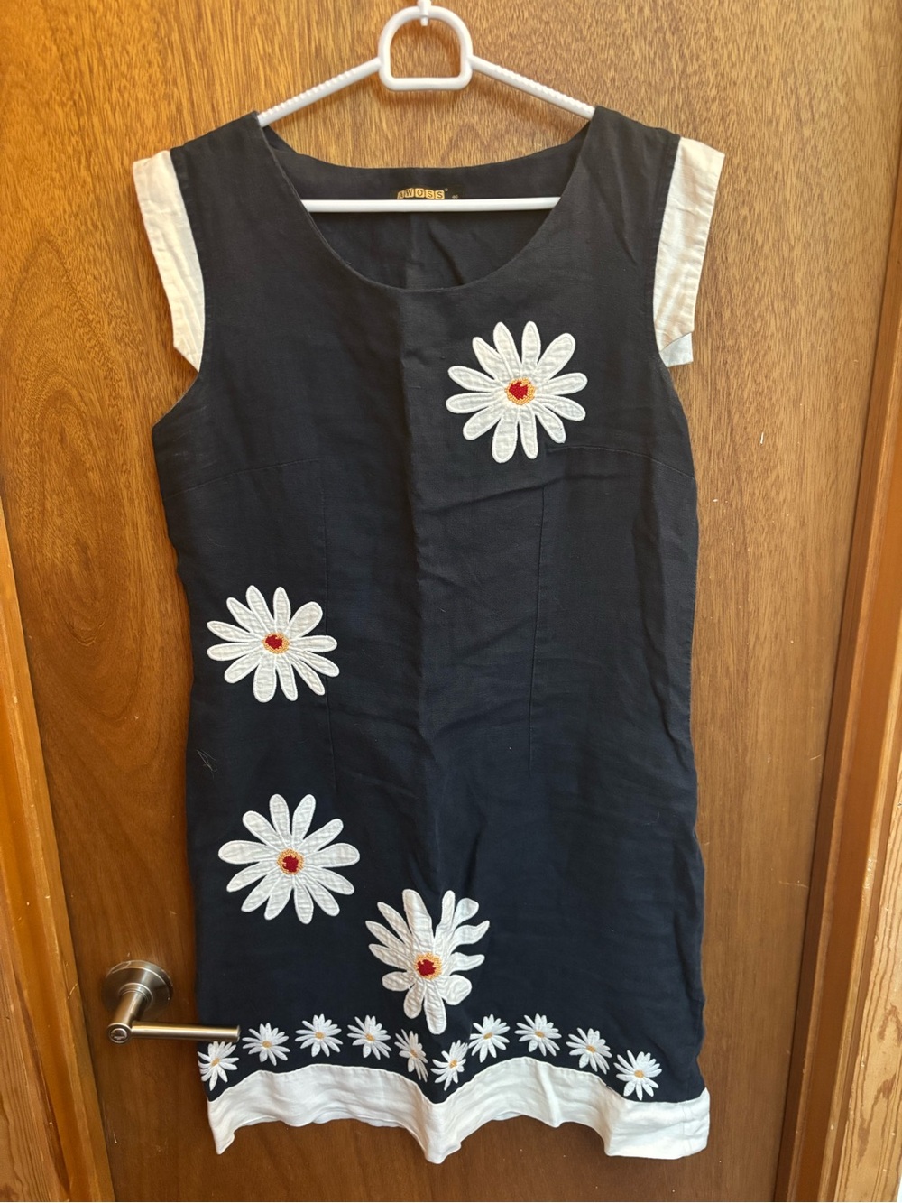 Black Daisy Embroidered Shift Dress with White Trim